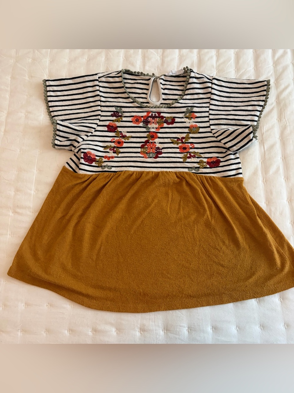 THML Striped Embroidered Bodice with Mustard Skirt Kids Dress